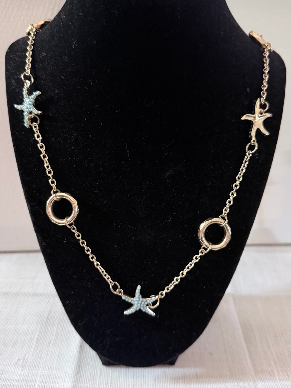 Gold Starfish Link Necklace with Pale Blue Accents - Picture 2 of 7